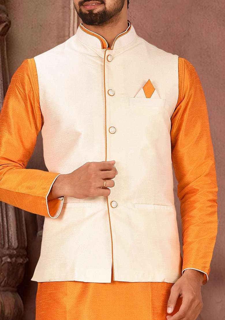 Mustard Yellow Solid Art Silk Blend Nehru Jackets Set For Men - Indya