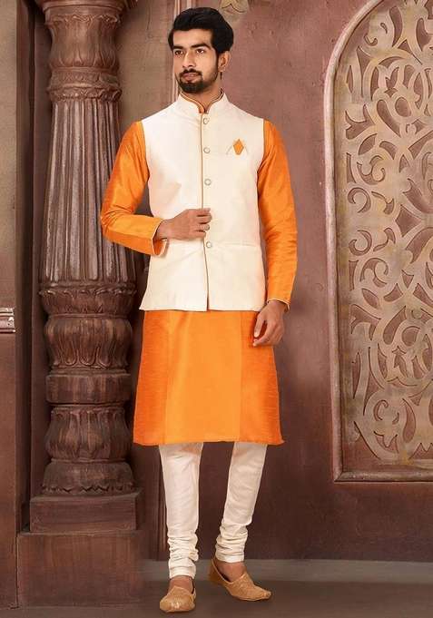 Mustard Yellow Solid Art Silk Blend Nehru Jackets Set For Men