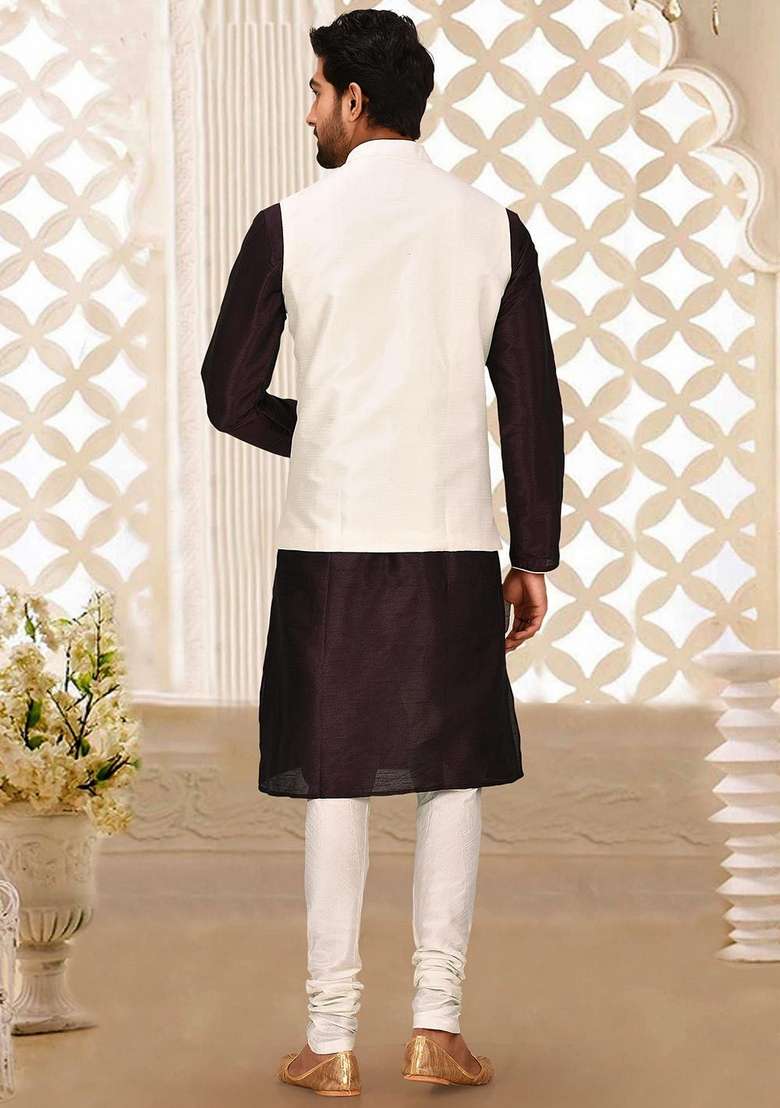 Maroon Solid Art Silk Blend Nehru Jackets Set For Men - Indya