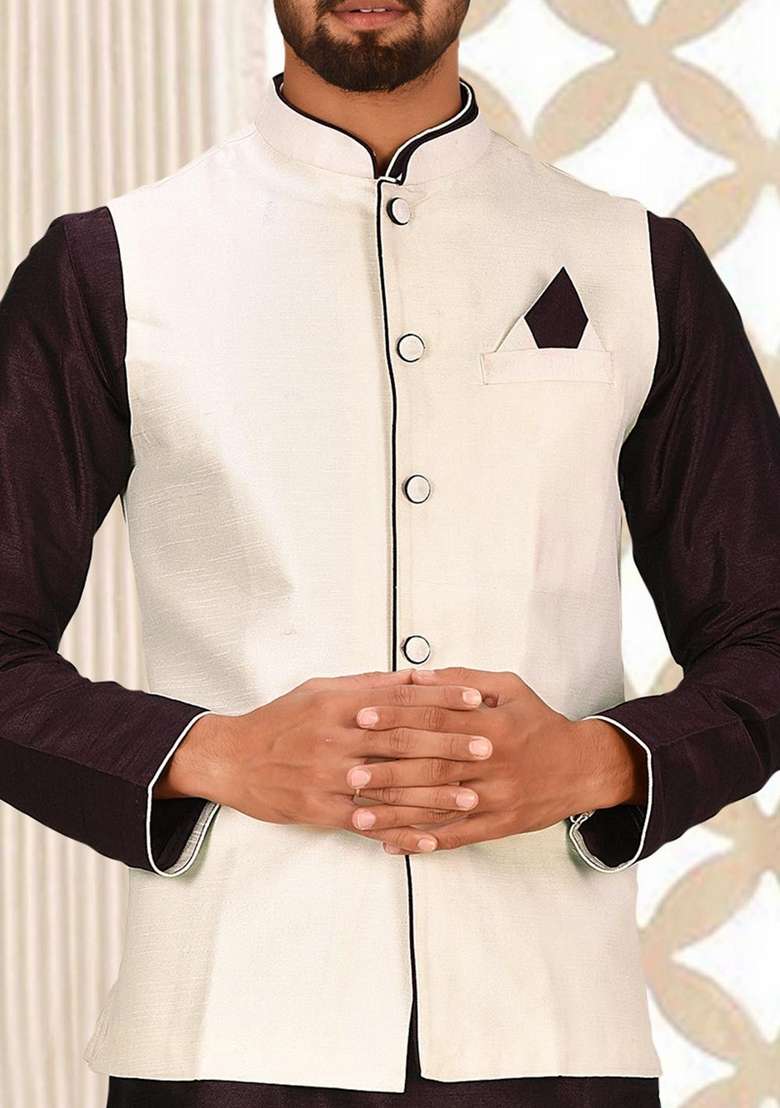 Maroon Solid Art Silk Blend Nehru Jackets Set For Men - Indya