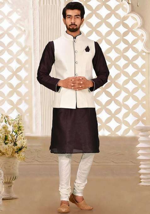 Maroon Solid Art Silk Blend Nehru Jackets Set For Men