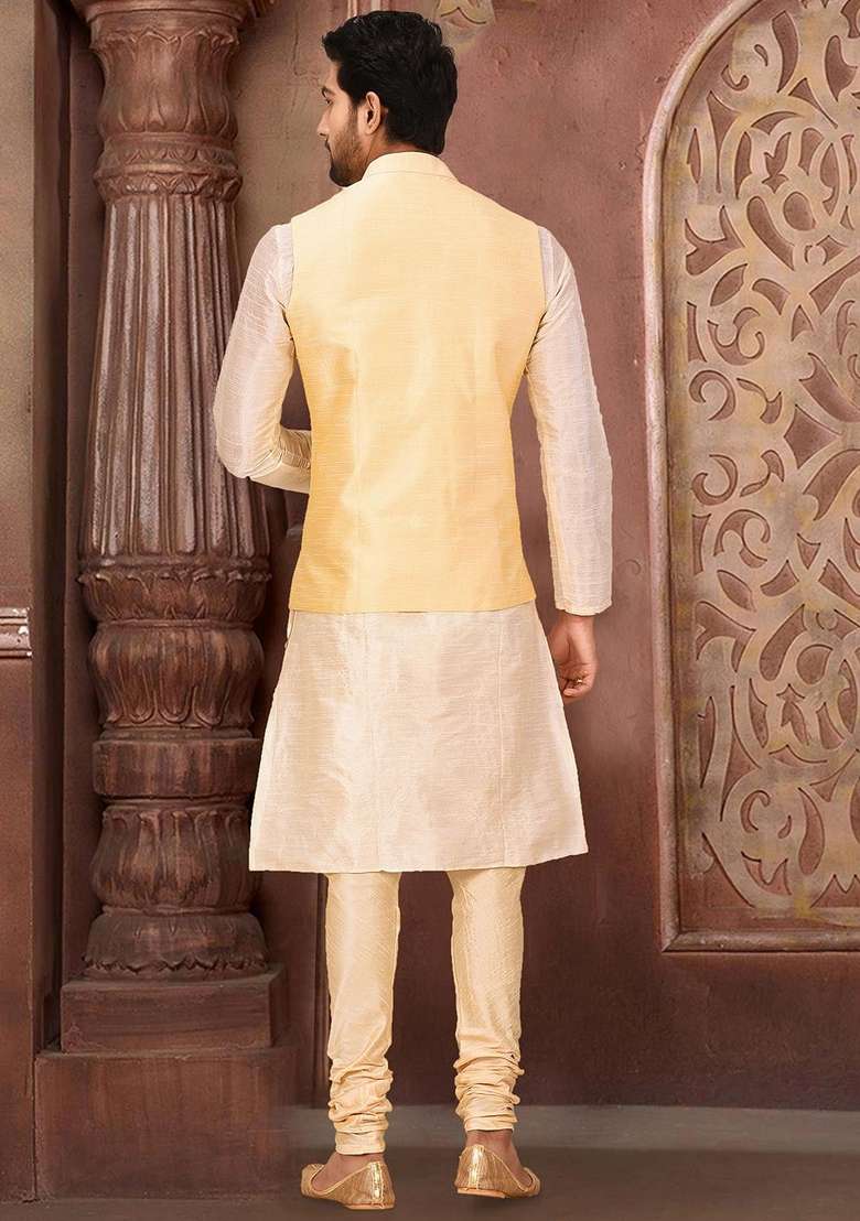 Deep Cream Solid Art Silk Blend Nehru Jackets Set For Men - Indya