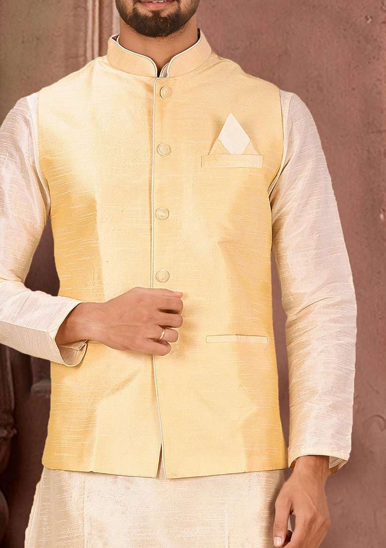 Deep Cream Solid Art Silk Blend Nehru Jackets Set For Men - Indya