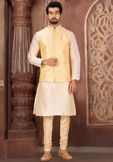 Deep Cream Solid Art Silk Blend Nehru Jackets Set For Men