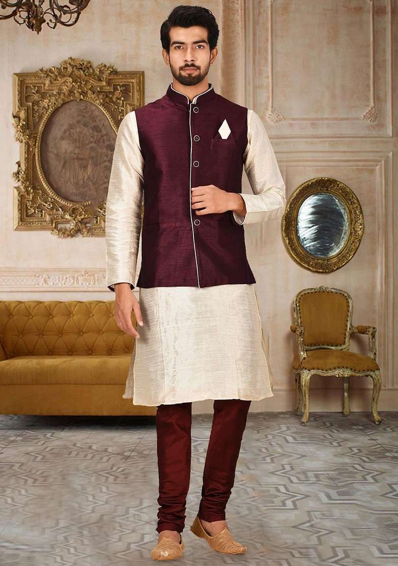 Deep Cream Solid Art Silk Blend Nehru Jackets Set For Men - Indya
