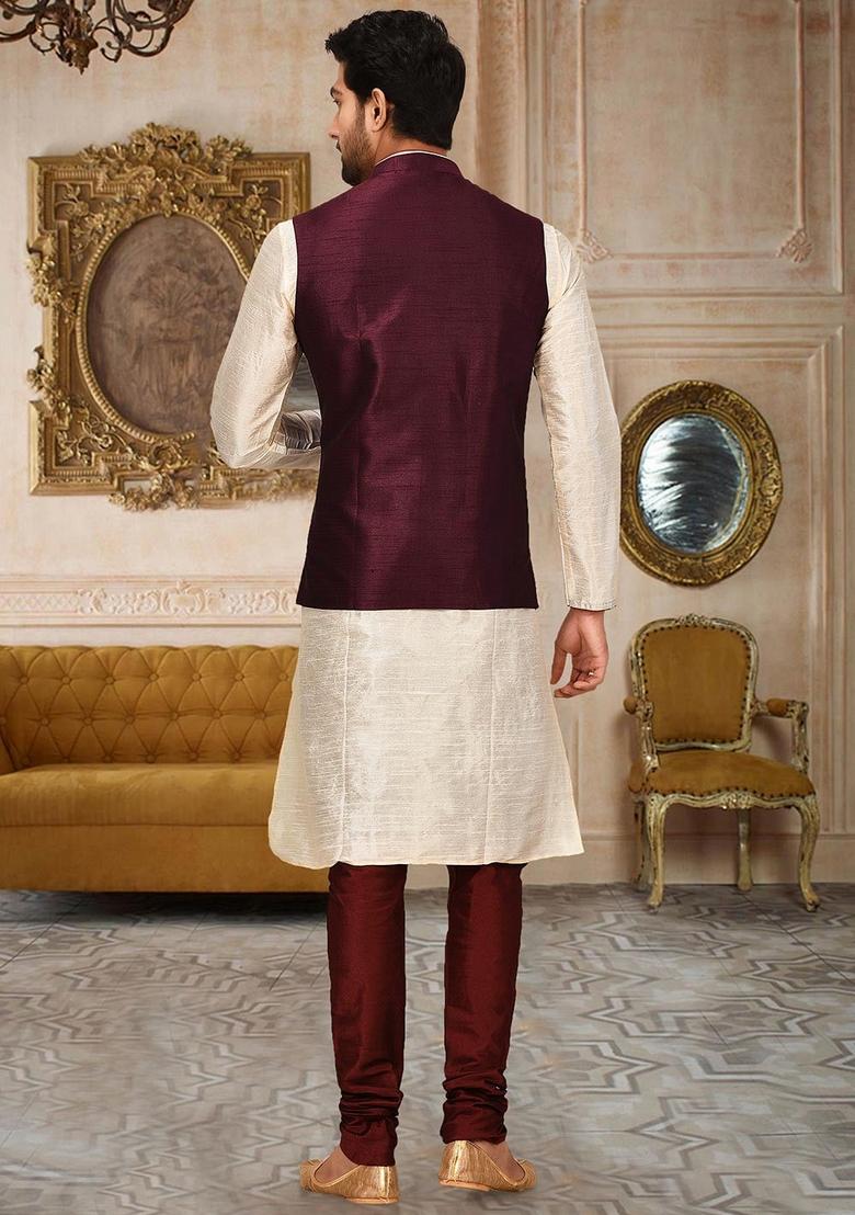 Deep Cream Solid Art Silk Nehru Jackets Set For Men - Indya