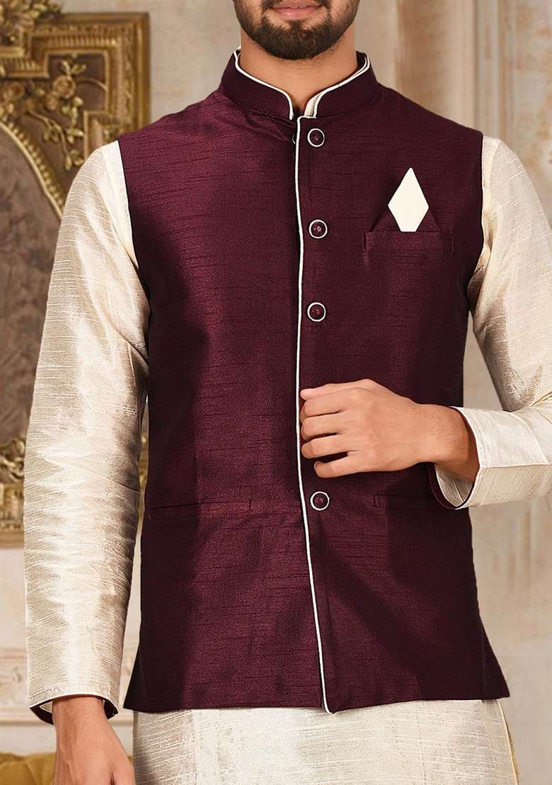 Deep Cream Solid Art Silk Blend Nehru Jackets Set For Men - Indya
