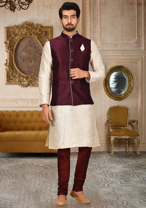 Deep Cream Solid Art Silk Blend Nehru Jackets Set For Men