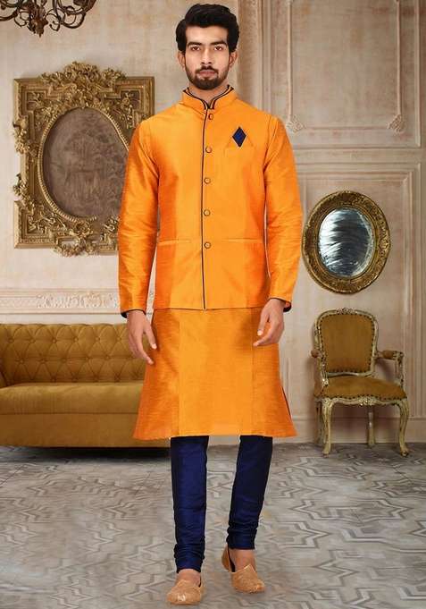 Mustard Yellow Solid Art Silk Blend Nehru Jackets Set For Men