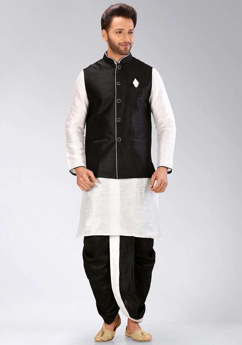 White Solid Art Silk Blend Nehru Jackets Set For Men - Indya