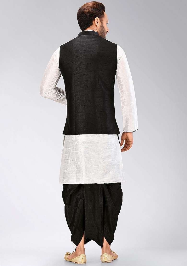 White Solid Art Silk Blend Nehru Jackets Set For Men - Indya