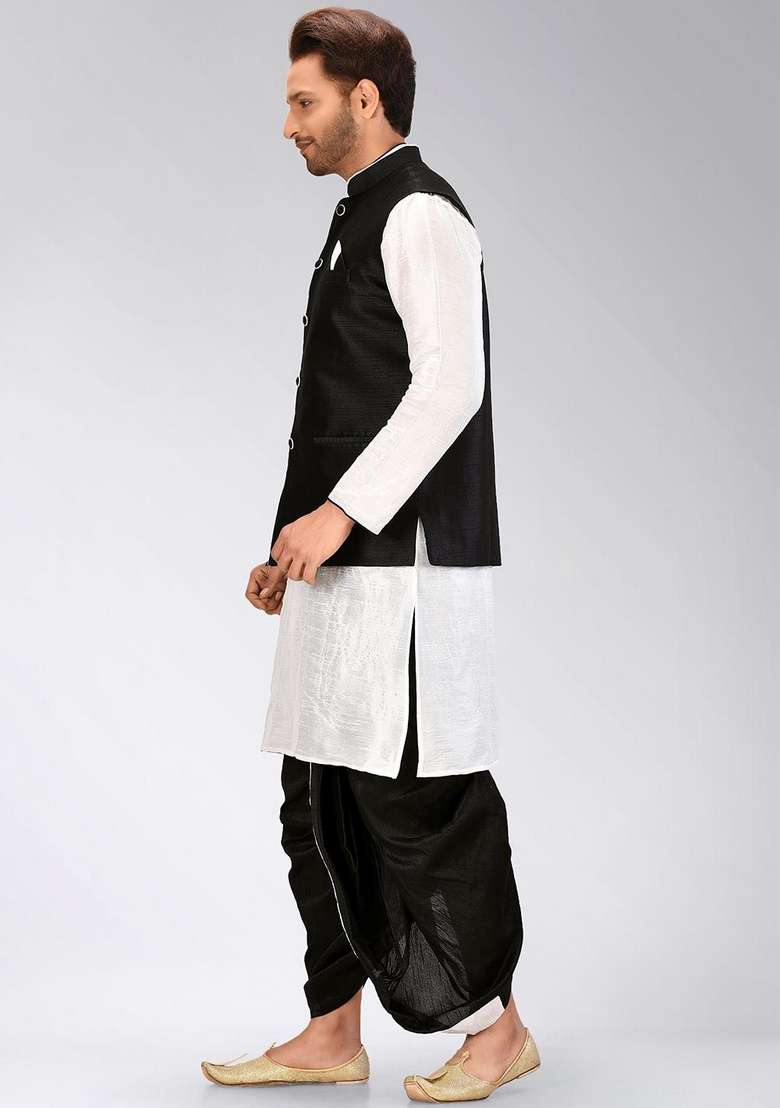 White Solid Art Silk Blend Nehru Jackets Set For Men - Indya