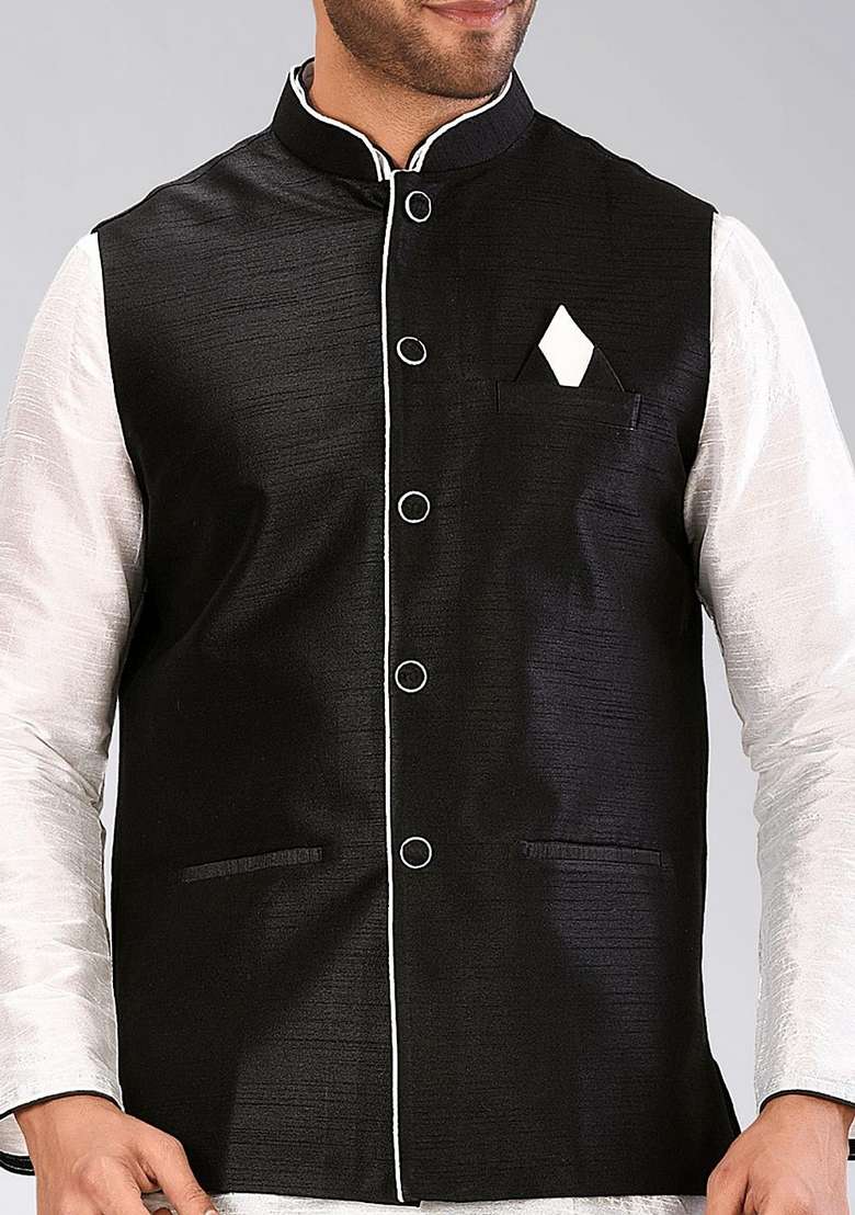 White Solid Art Silk Blend Nehru Jackets Set For Men - Indya