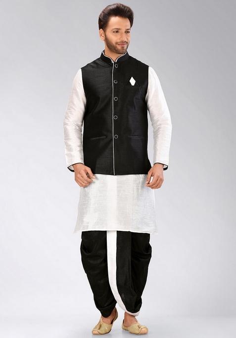 White Solid Art Silk Blend Nehru Jackets Set For Men