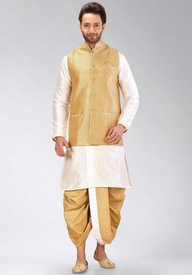 Cream Solid Art Silk Nehru Jackets Set For Men