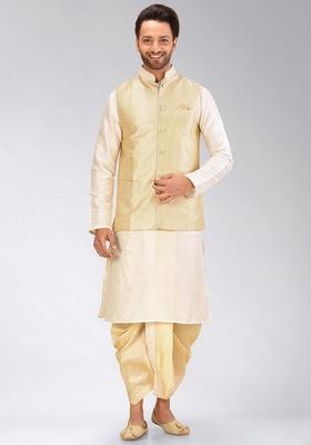 Cream Solid Art Silk Nehru Jackets Set For Men