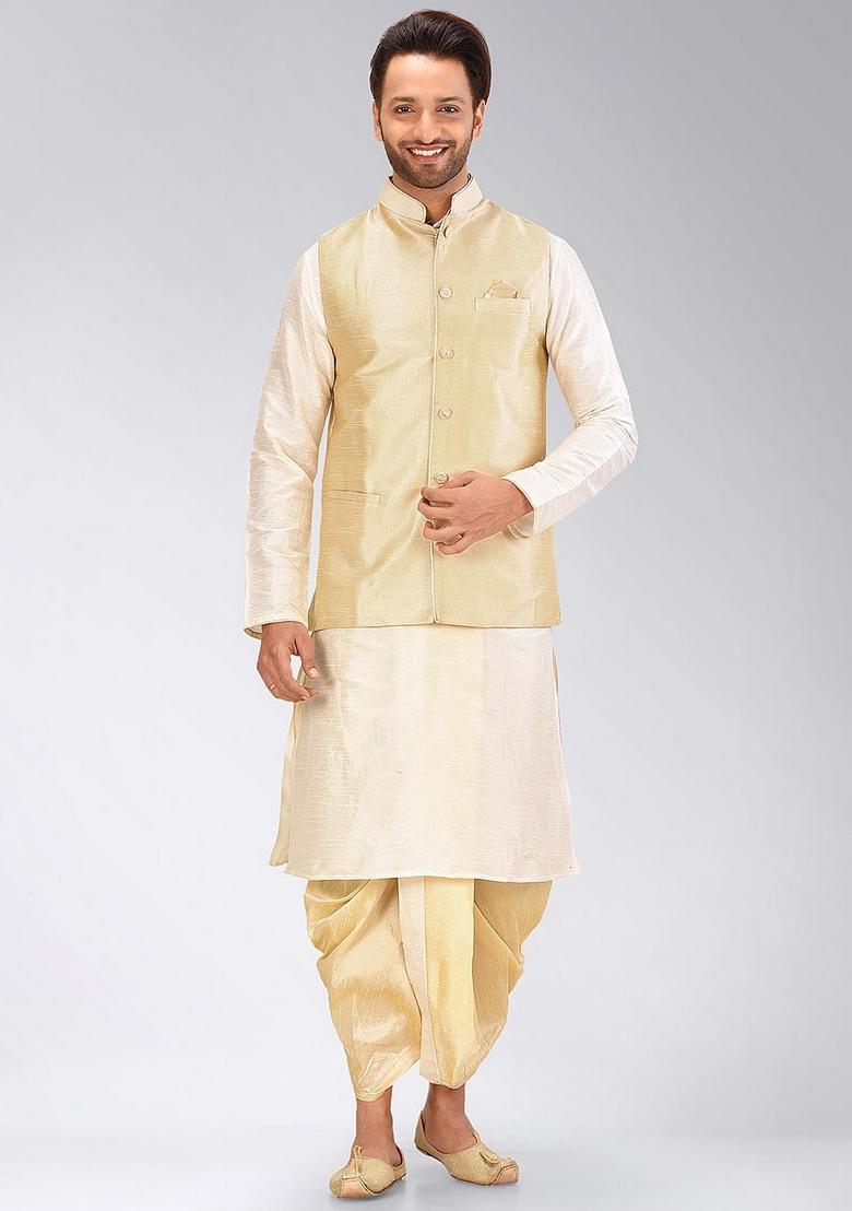 Cream Solid Art Silk Nehru Jackets Set For Men - Indya
