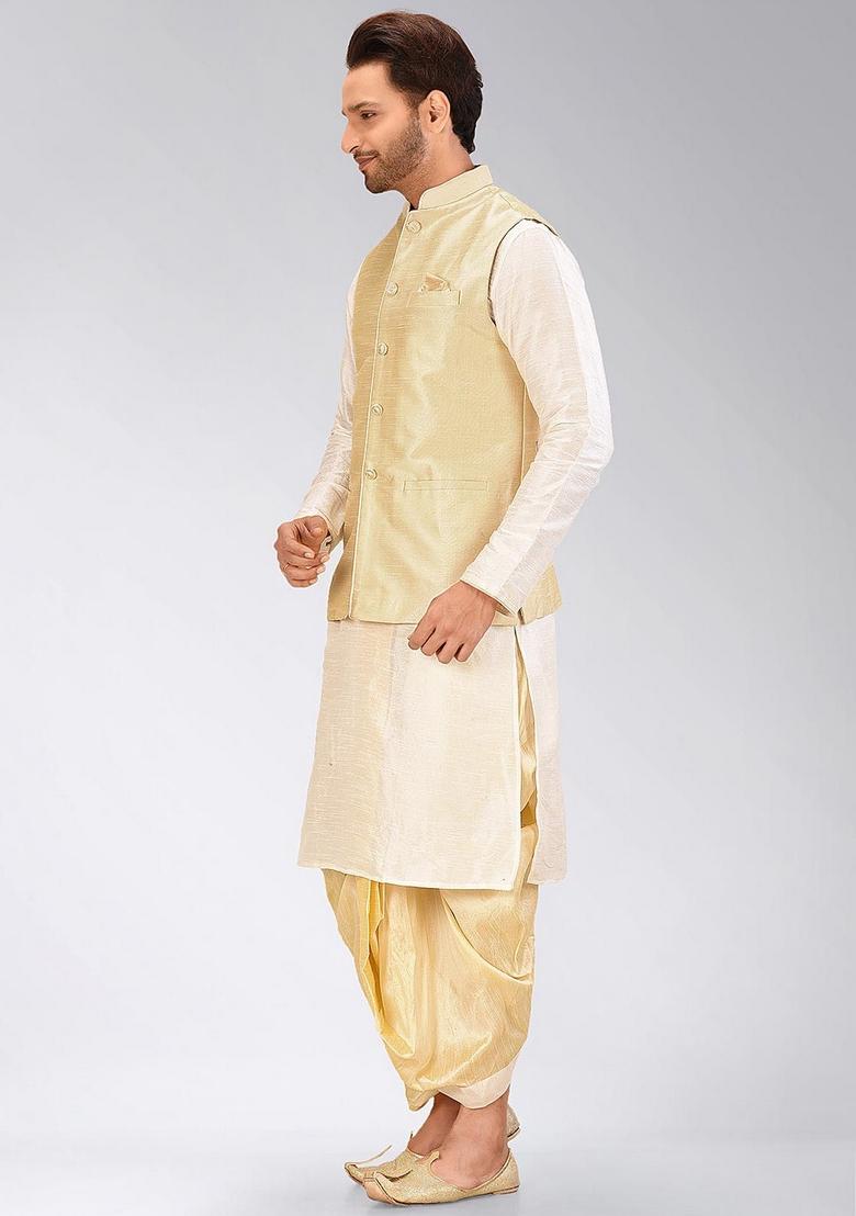 Cream Solid Art Silk Nehru Jackets Set For Men - Indya