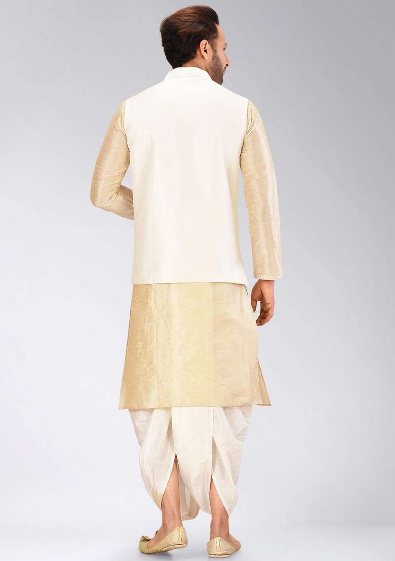 Peach Solid Art Silk Blend Nehru Jackets Set For Men - Indya