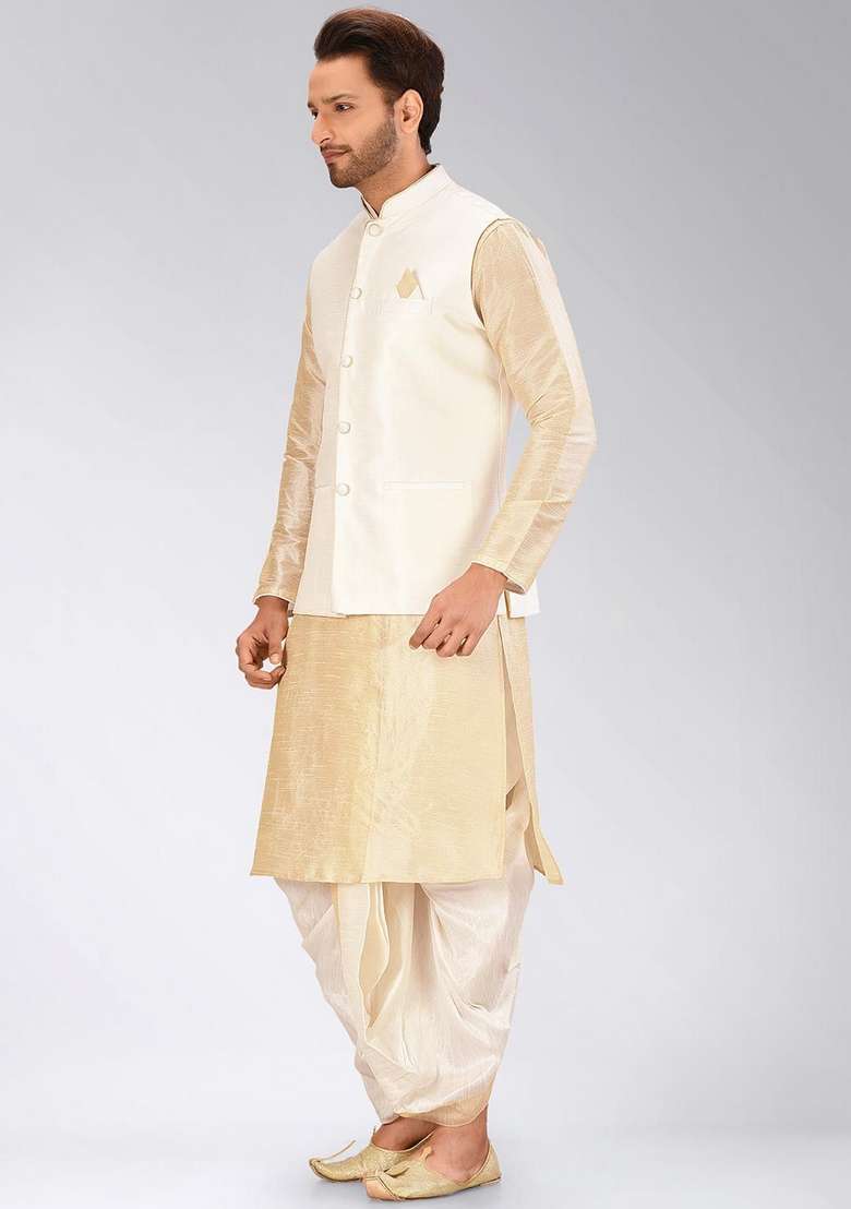 Peach Solid Art Silk Blend Nehru Jackets Set For Men - Indya