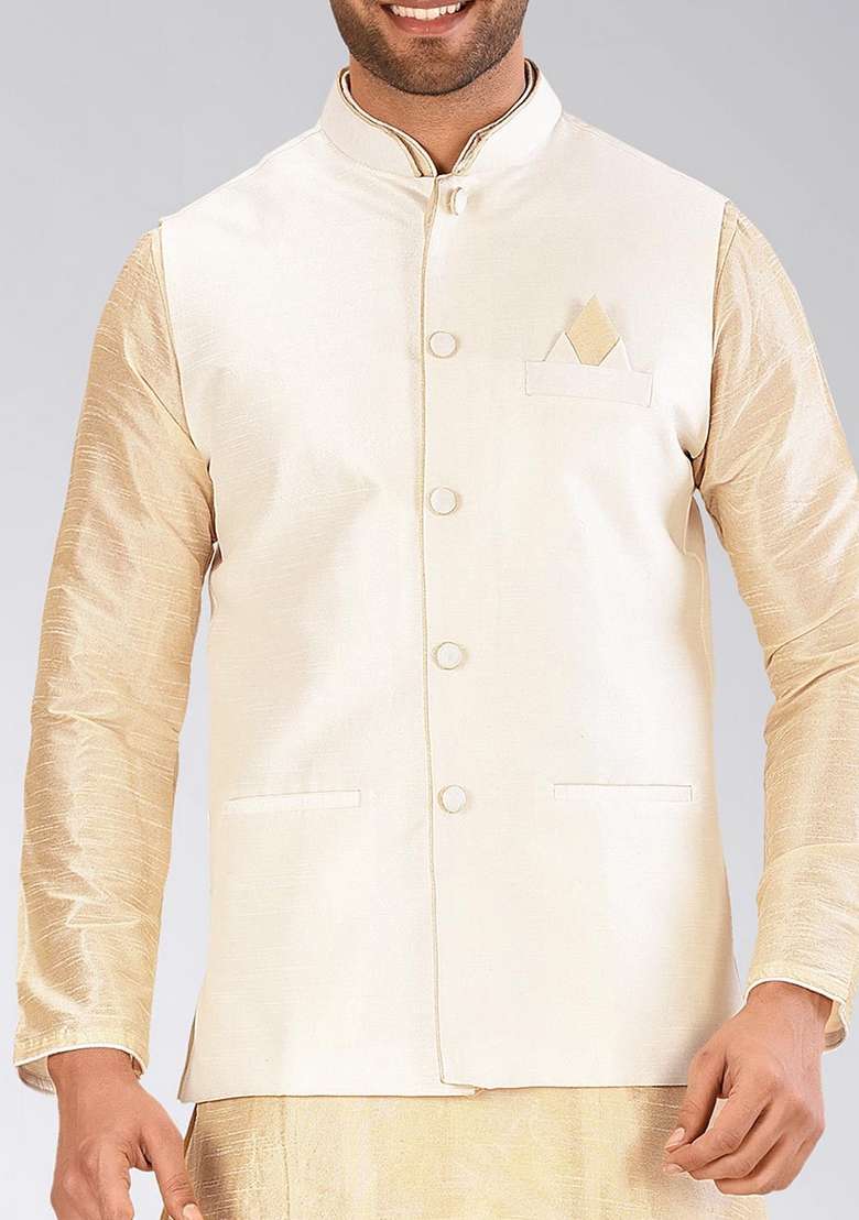 Peach Solid Art Silk Blend Nehru Jackets Set For Men - Indya