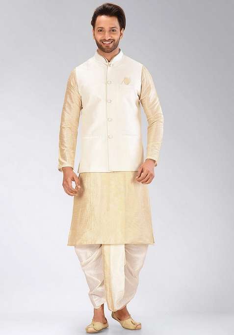 Peach Solid Art Silk Blend Nehru Jackets Set For Men