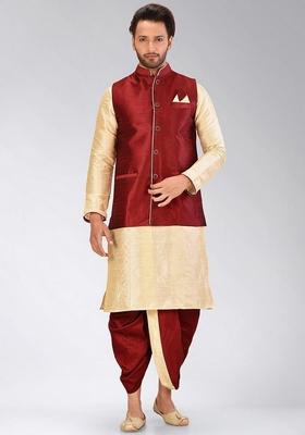 Peach Solid Art Silk Nehru Jackets Set For Men