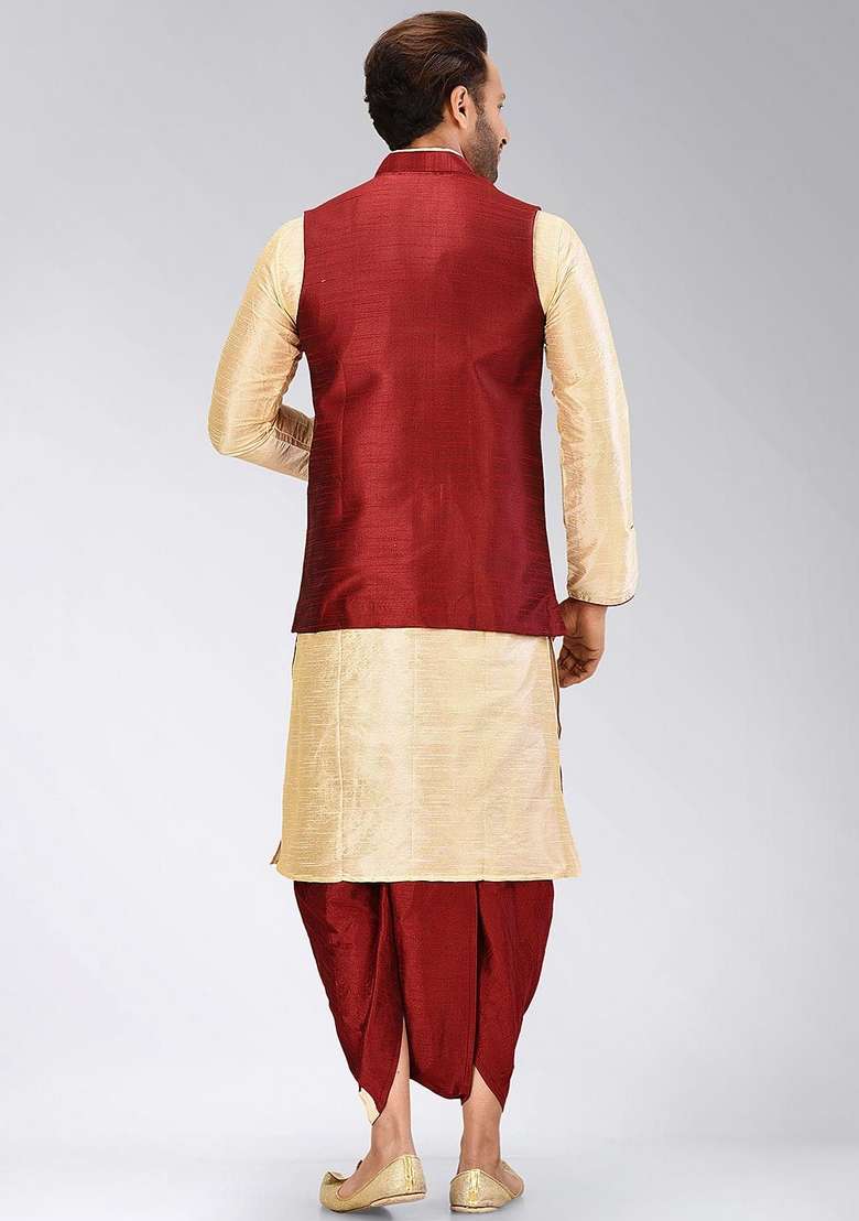 Peach Solid Art Silk Blend Nehru Jackets Set For Men - Indya