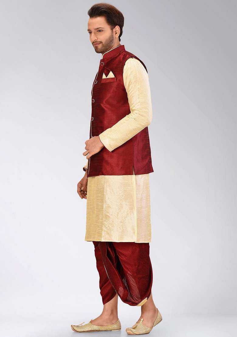 Peach Solid Art Silk Blend Nehru Jackets Set For Men - Indya