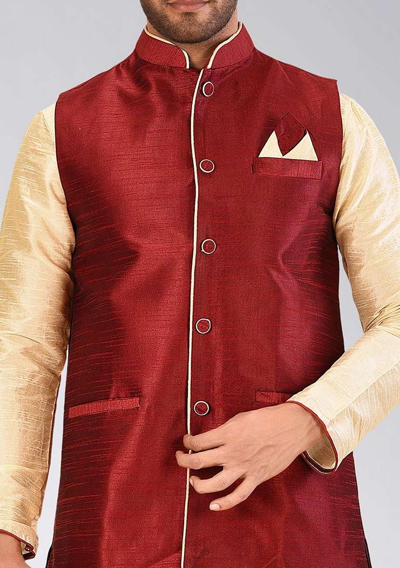 Peach Solid Art Silk Blend Nehru Jackets Set For Men - Indya
