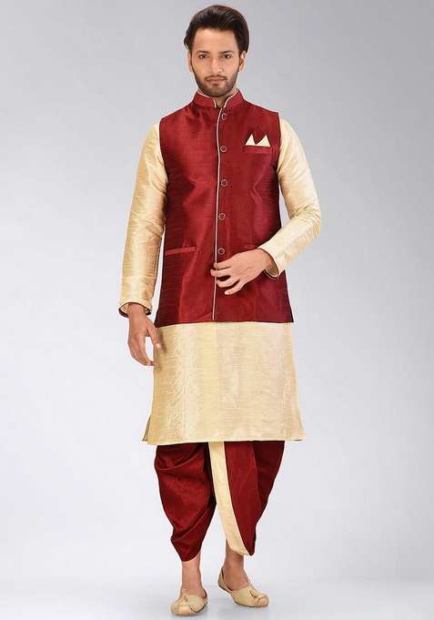 Peach Solid Art Silk Blend Nehru Jackets Set For Men