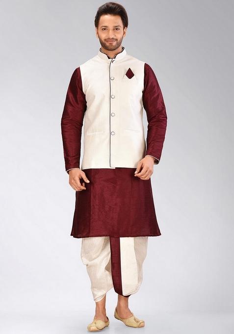 Mahroon Solid Art Silk Nehru Jackets Set For Men — view on Indya