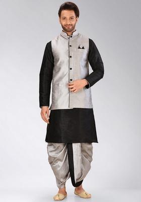 Black Solid Art Silk Nehru Jackets Set For Men
