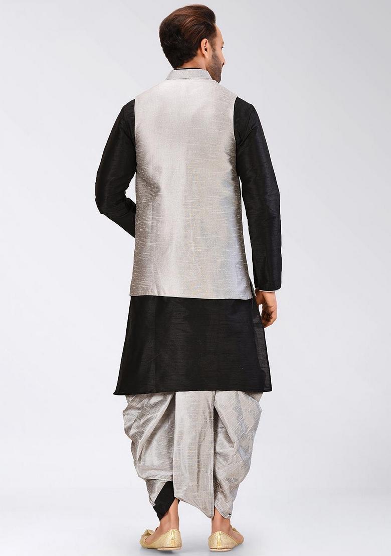 Black Solid Art Silk Nehru Jackets Set For Men - Indya
