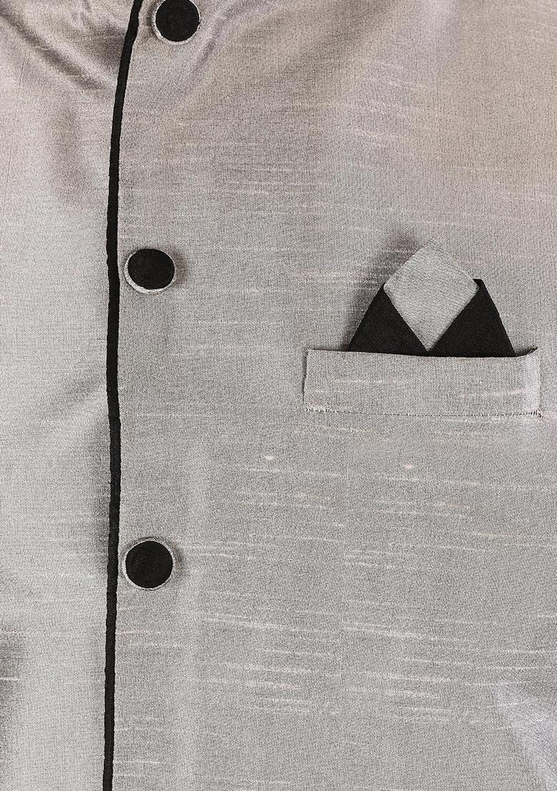 Black Solid Art Silk Nehru Jackets Set For Men - Indya