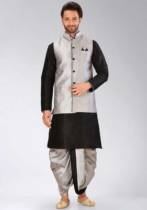 Black Solid Art Silk Blend Nehru Jackets Set For Men