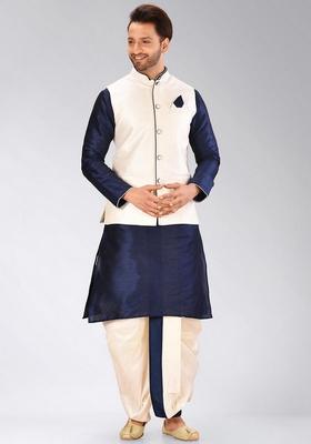 Navy Blue Solid Art Silk Nehru Jackets Set For Men