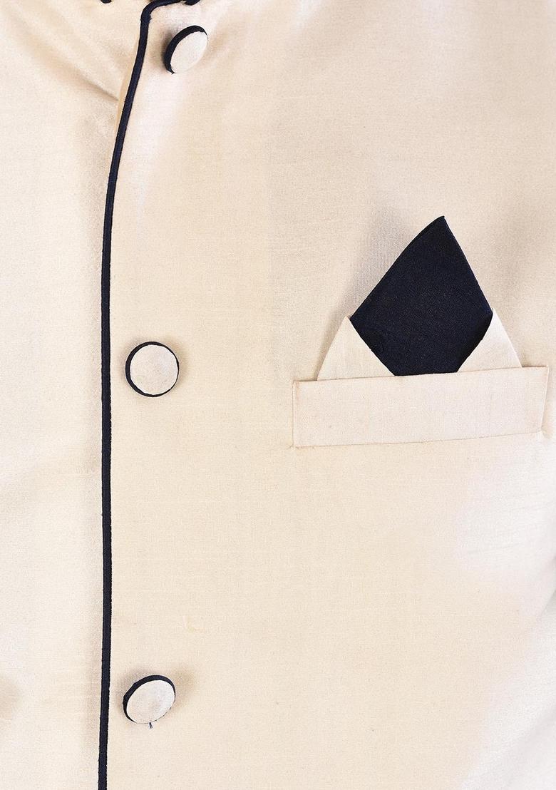 Navy Blue Solid Art Silk Nehru Jackets Set For Men - Indya