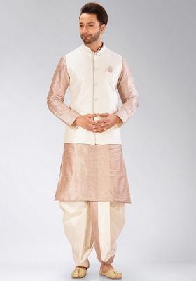 Light Brown Solid Art Silk Nehru Jackets Set For Men