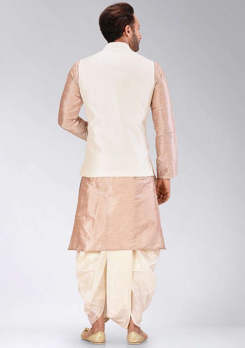 Light Brown Solid Art Silk Blend Nehru Jackets Set For Men - Indya