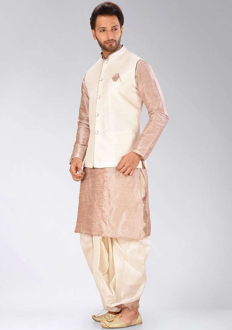 Light Brown Solid Art Silk Blend Nehru Jackets Set For Men - Indya