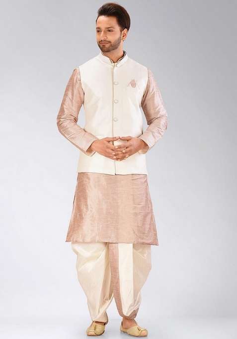 Light Brown Solid Art Silk Blend Nehru Jackets Set For Men