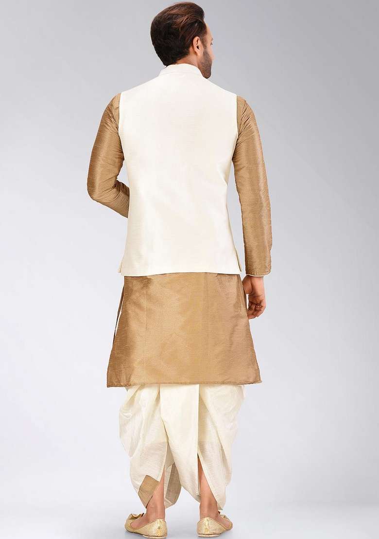 Chikoo Brown Solid Art Silk Blend Nehru Jackets Set For Men - Indya