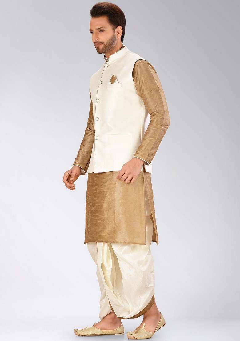 Chikoo Brown Solid Art Silk Blend Nehru Jackets Set For Men - Indya