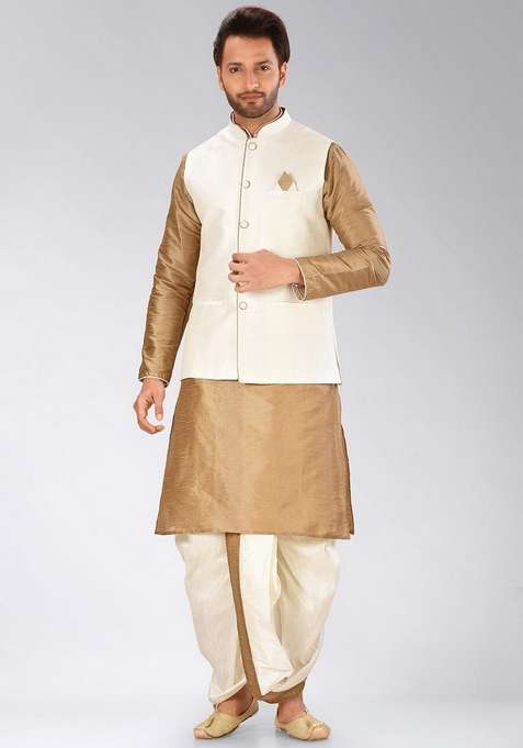 Chikoo Brown Solid Art Silk Blend Nehru Jackets Set For Men