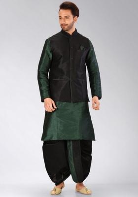 Rama Green Solid Art Silk Nehru Jackets Set For Men