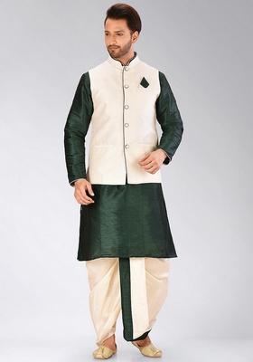 Rama Green Solid Art Silk Nehru Jackets Set For Men