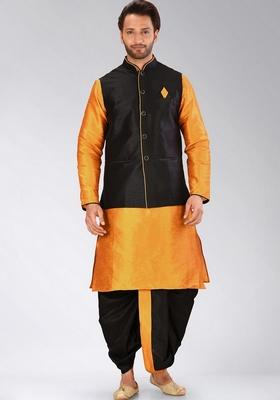 Mustard Yellow Solid Art Silk Nehru Jackets Set For Men