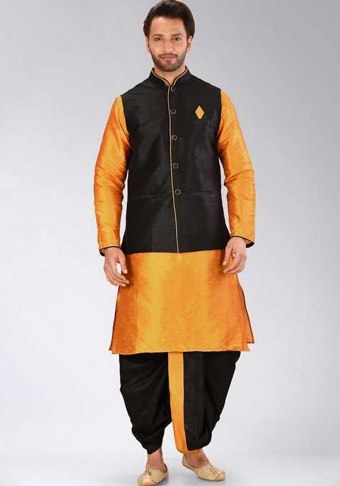 Mustard Yellow Solid Art Silk Blend Nehru Jackets Set For Men