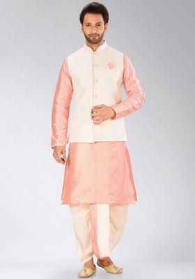 Pink Solid Art Silk Nehru Jackets Set For Men